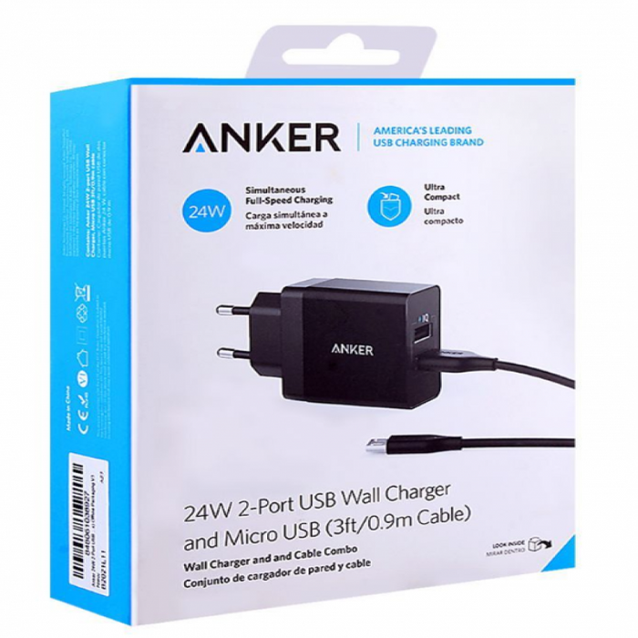 Anker 24W 2-Port USB Charger with Micro Cable (Black)